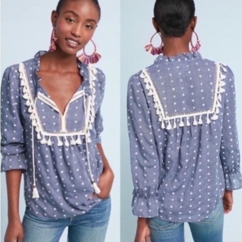 Anthropologie Blue and White Polka Dot Blouse